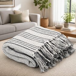 Cotton Throw Blanket 125x150 cm Grey White Stripes Tassels Soft Plaid