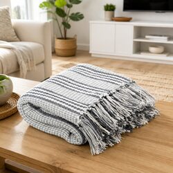Cotton Throw Blanket with Stripes 160x210 cm Grey White Sofa Bed Chair Cover
