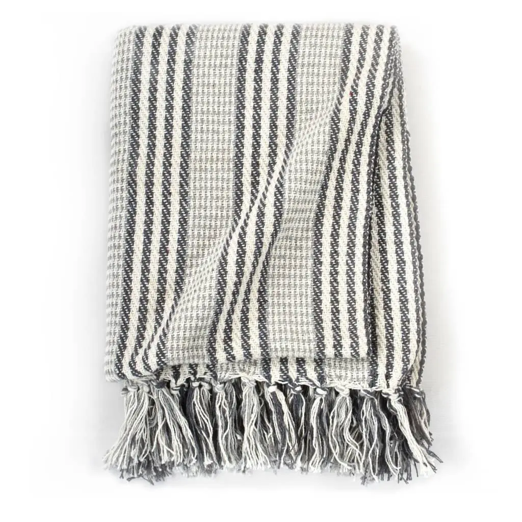 Cotton Throw Blanket with Stripes 160x210 cm Grey White Sofa Bed Chair Cover