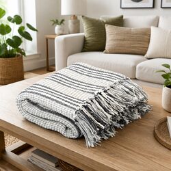 Grey White Striped Cotton Throw Blanket 220x250 cm