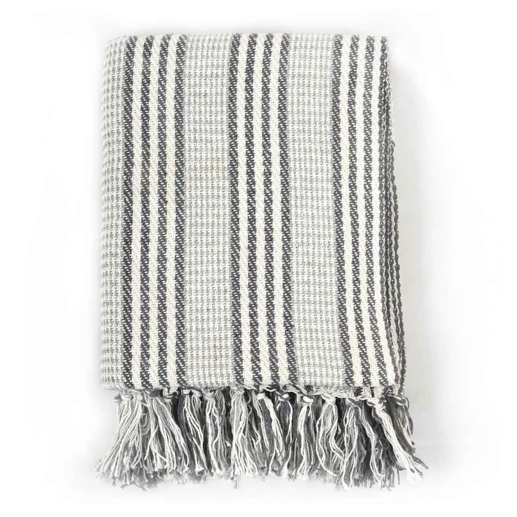 Plaid Cotton Throw Blanket Grey White Striped 220x250cm Soft Tassel Home Sofa Chair