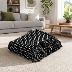 Black Plaid Cotton Throw Blanket 160x210 cm with Tassels