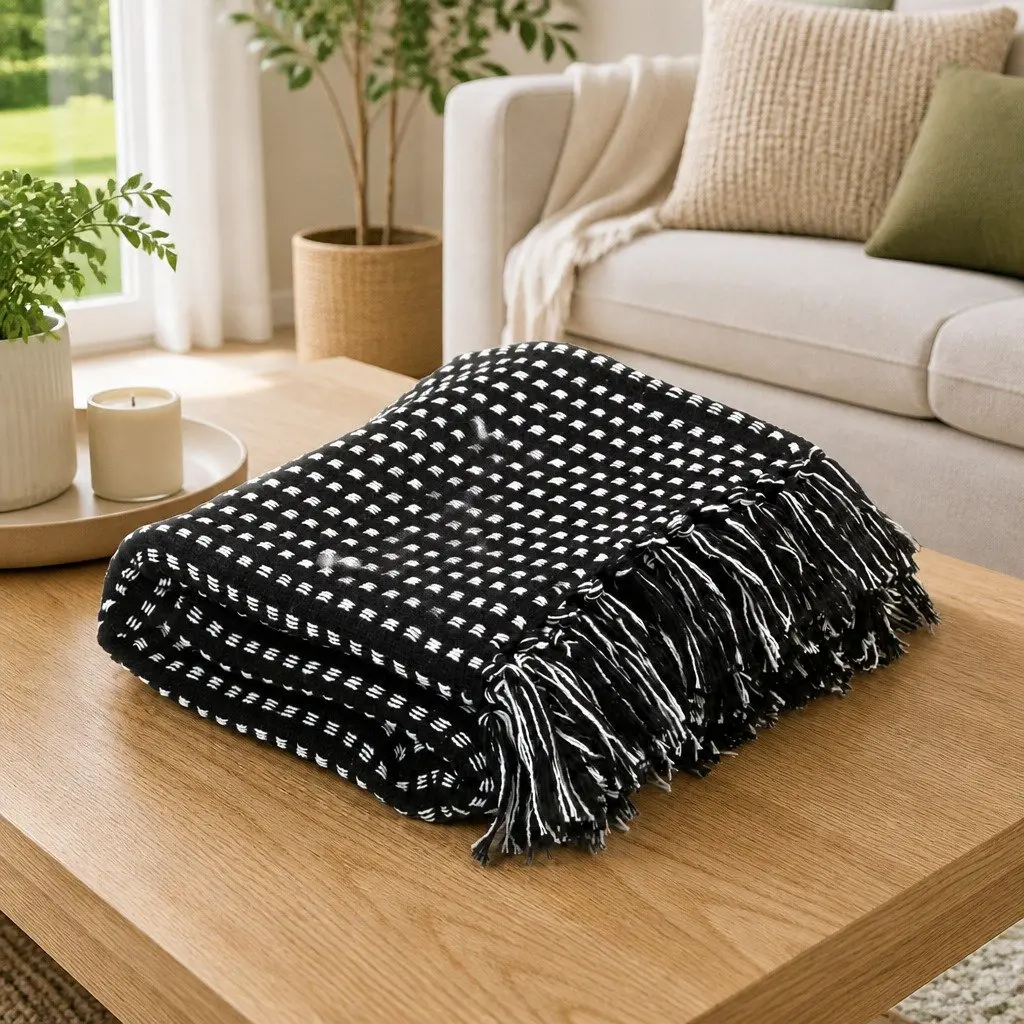 Black Plaid Cotton Throw Blanket 220x250 cm with Tassels