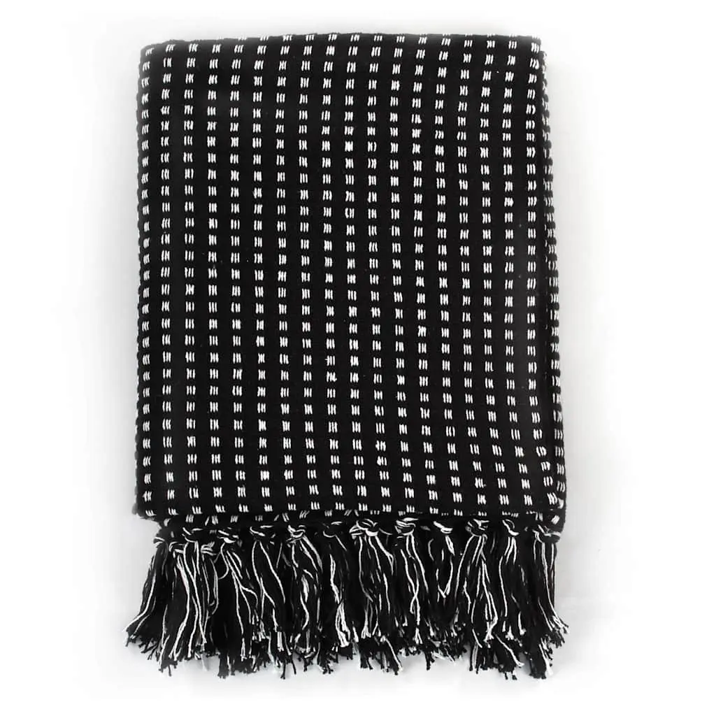 Black Plaid Cotton Throw Blanket 220x250 cm with Tassels