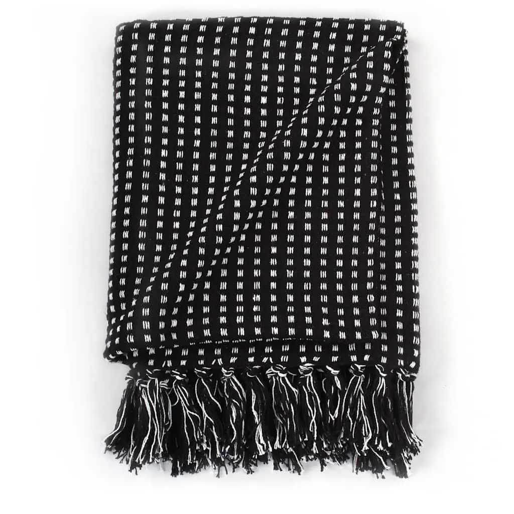 Black Plaid Cotton Throw Blanket 220x250 cm with Tassels