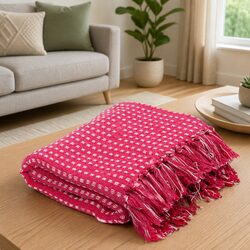 Premium Cotton Throw Blanket 160x210 cm Pink Plaid with Tassels