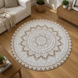 Beige Handwoven Jute Round Area Rug with Mandala Print 90cm