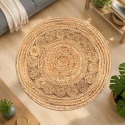 Handwoven Round Jute Area Rug with Braided Design 90cm