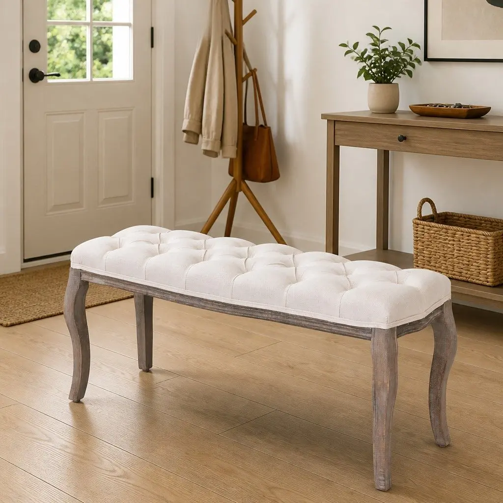 Cream White Padded Storage Bench with Solid Wood Frame