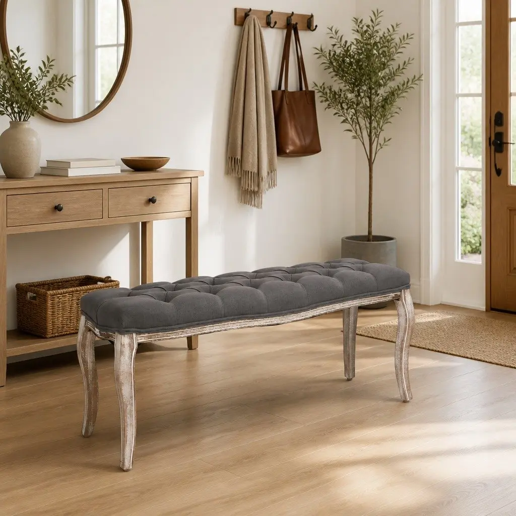 Grey Linen Padded Storage Bench with Wood Frame