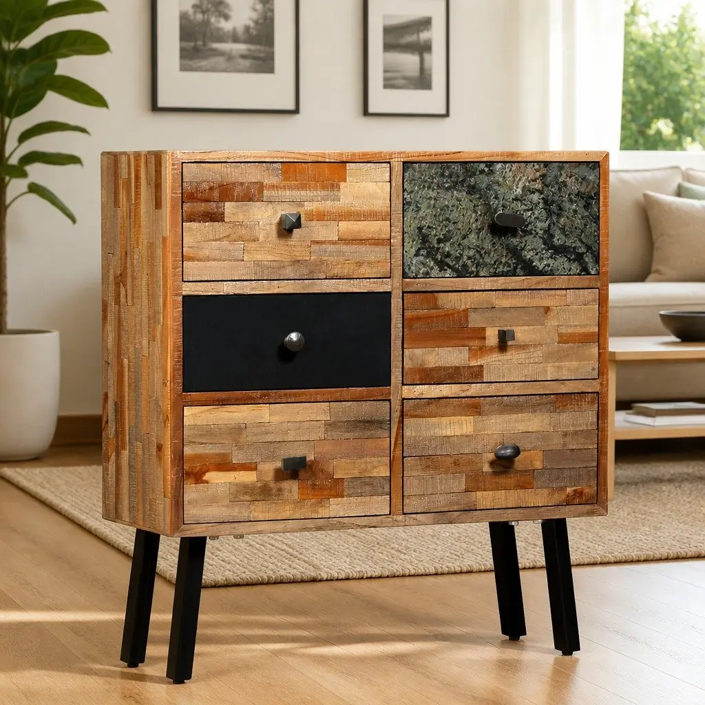 Solid Reclaimed Teak 6-Drawer Side Cabinet in Brown