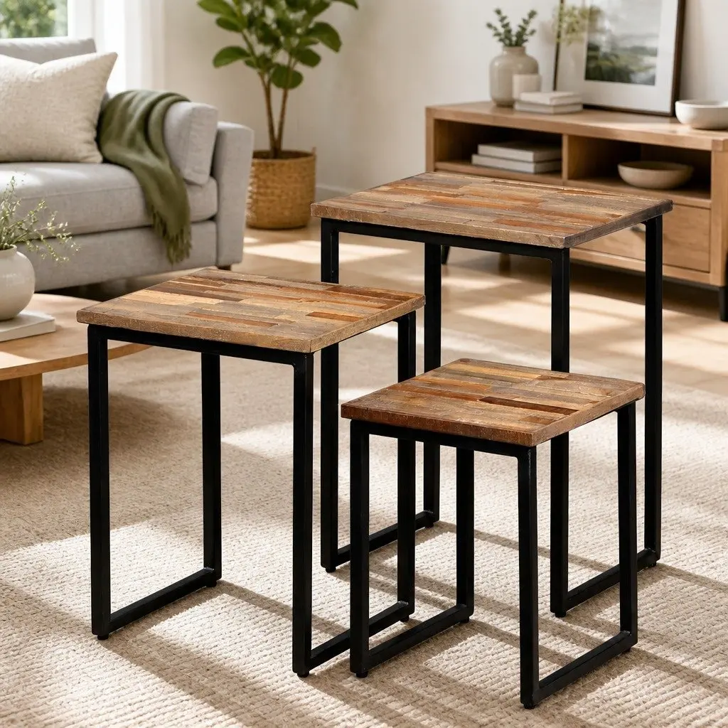 Nesting Coffee Table Set with Reclaimed Teak and Steel Legs