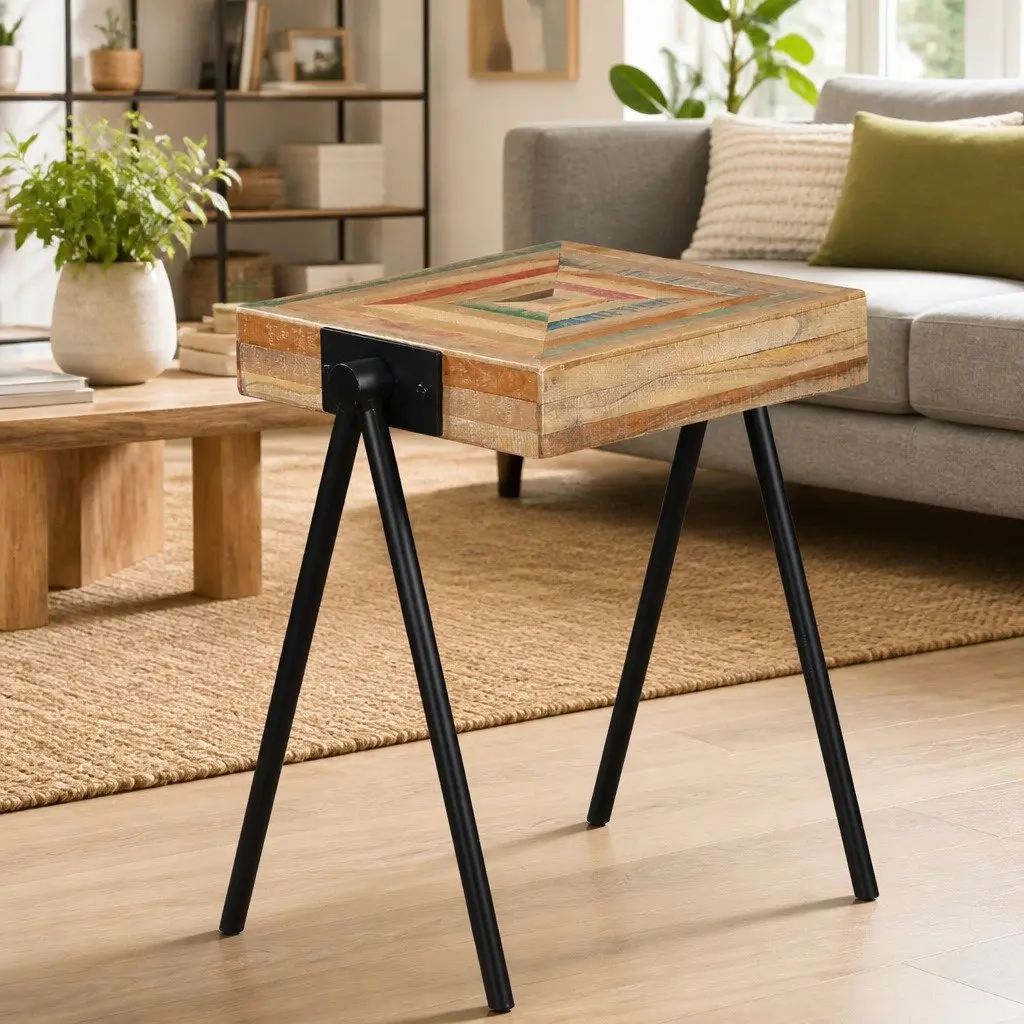 Solid Wood End Table with Industrial Steel Legs