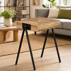 Solid Wood End Table with Industrial Steel Legs