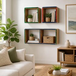 Wall Shelf Set 3 pcs Multicolour Reclaimed Teak Storage Display Shelves
