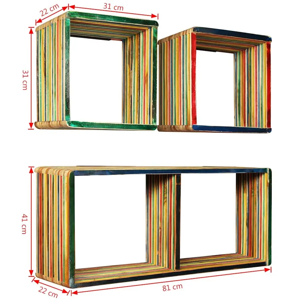 3-Piece Reclaimed Teak Wall Shelf Set in Multicolour