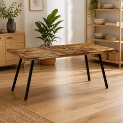 Industrial Brown Dining Table with Reclaimed Teak and Steel