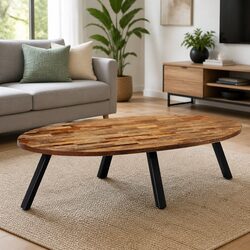 Reclaimed Teak Oval Coffee Table with Steel Legs