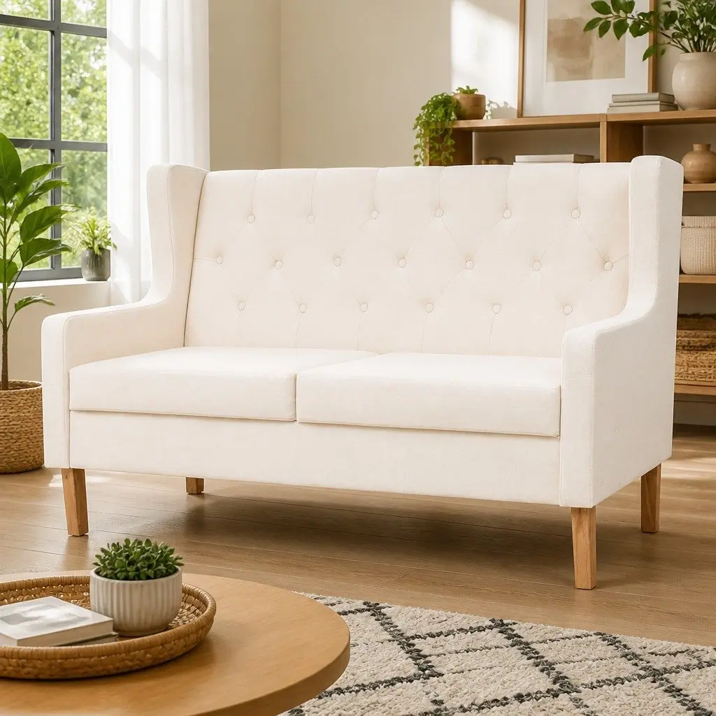 2-Seater Sofa Polyester Fabric Foam Padded Solid Wooden Frame Cream White