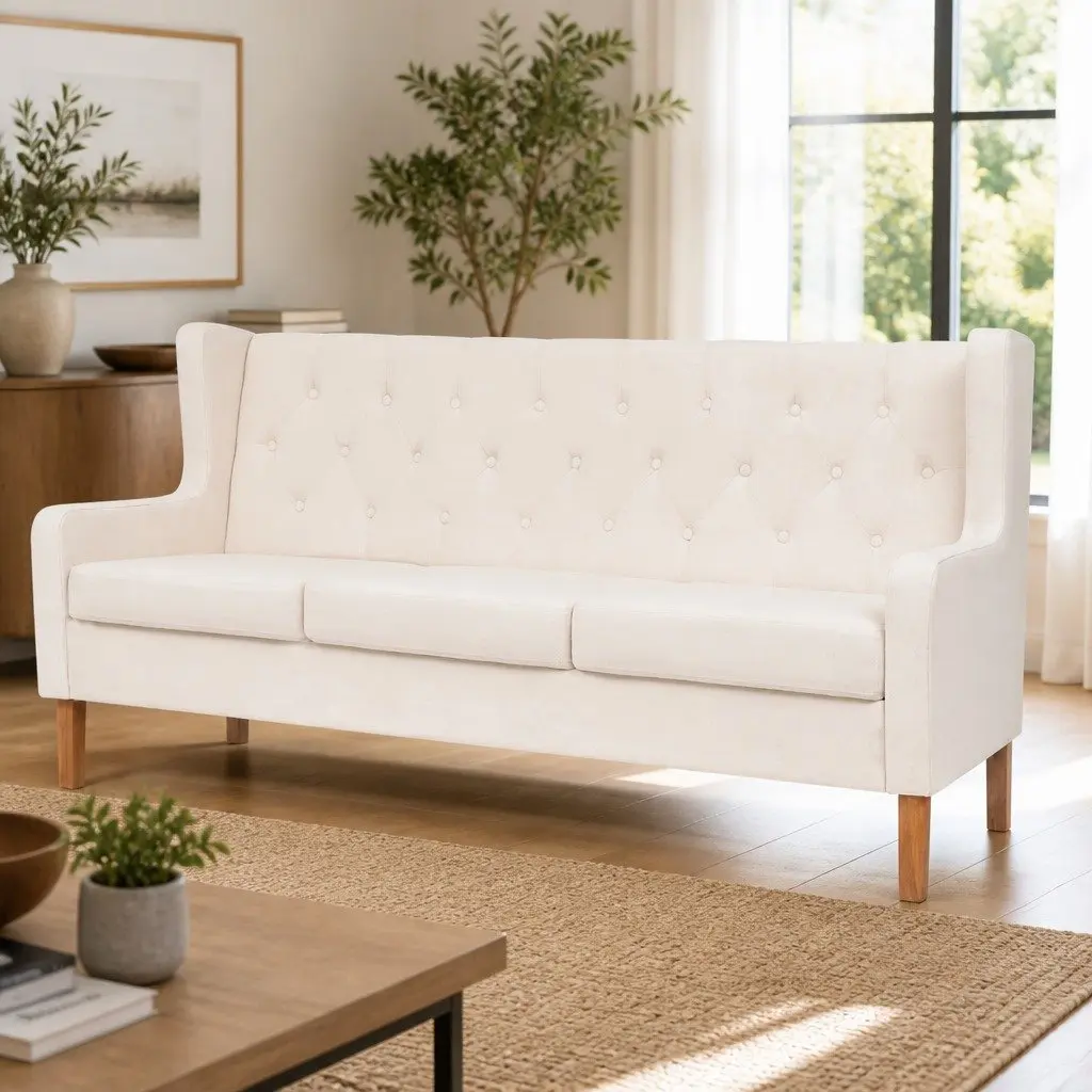 3-Seater Sofa with White Polyester Upholstery