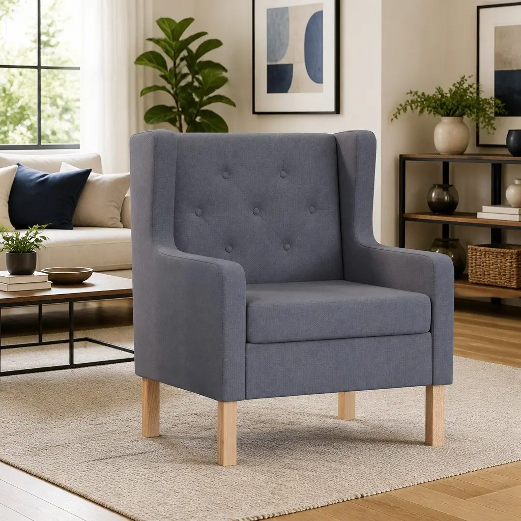 Grey Upholstered Armchair with Solid Wood Frame