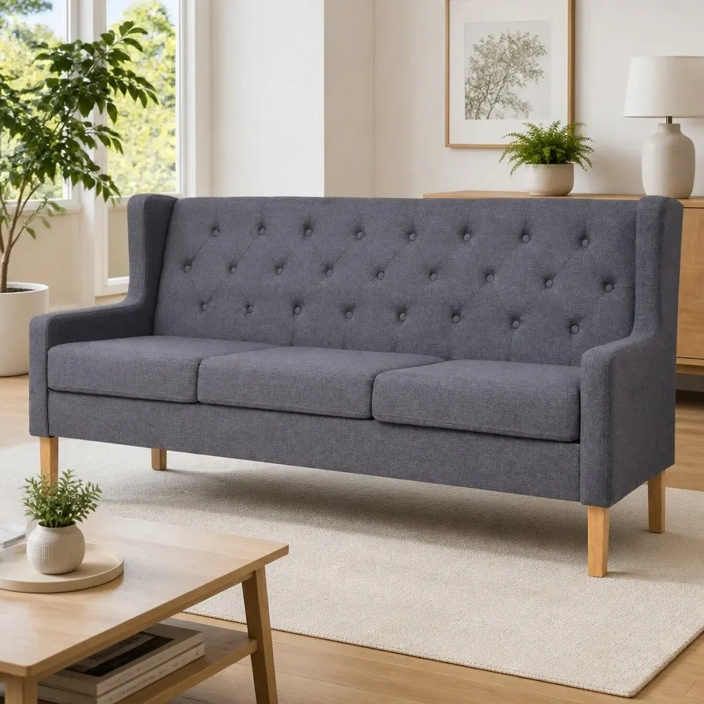Grey Fabric 3-Seater Sofa with Solid Frame