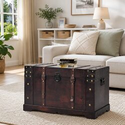 Antique-Style Brown Wooden Storage Chest with Latch