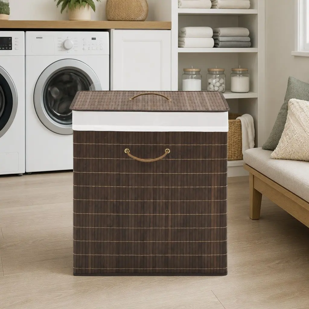 Brown Bamboo Laundry Hamper with Handles