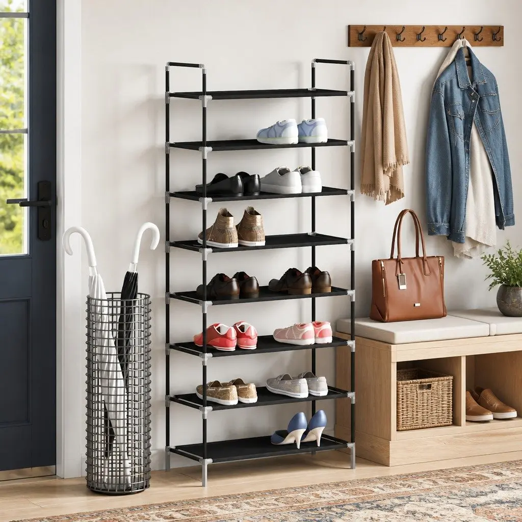 Shoe Rack Metal Frame Non-woven Fabric 8 Shelves Black