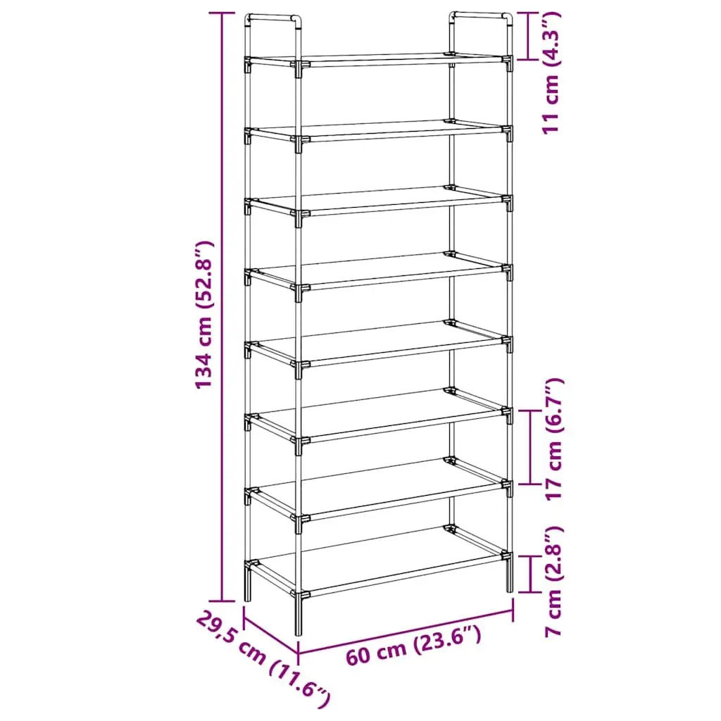Shoe Rack Metal Frame Non-woven Fabric 8 Shelves Black