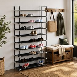 Durable 10-Shelf Shoe Rack with Metal Frame in Black
