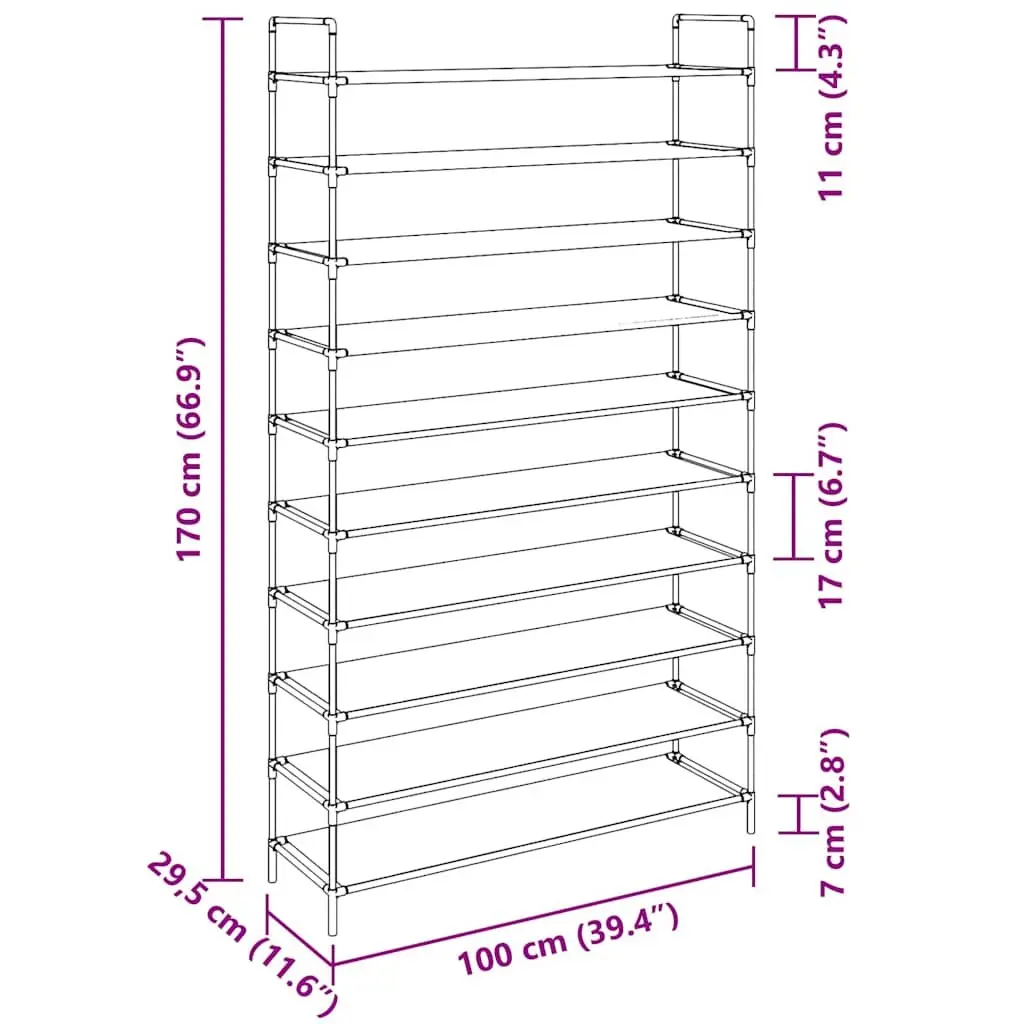10-Shelf Shoe Rack with Metal Frame in Black