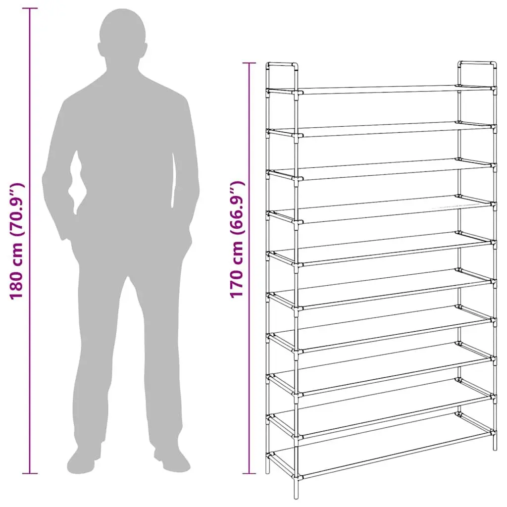 10-Shelf Shoe Rack with Metal Frame in Black