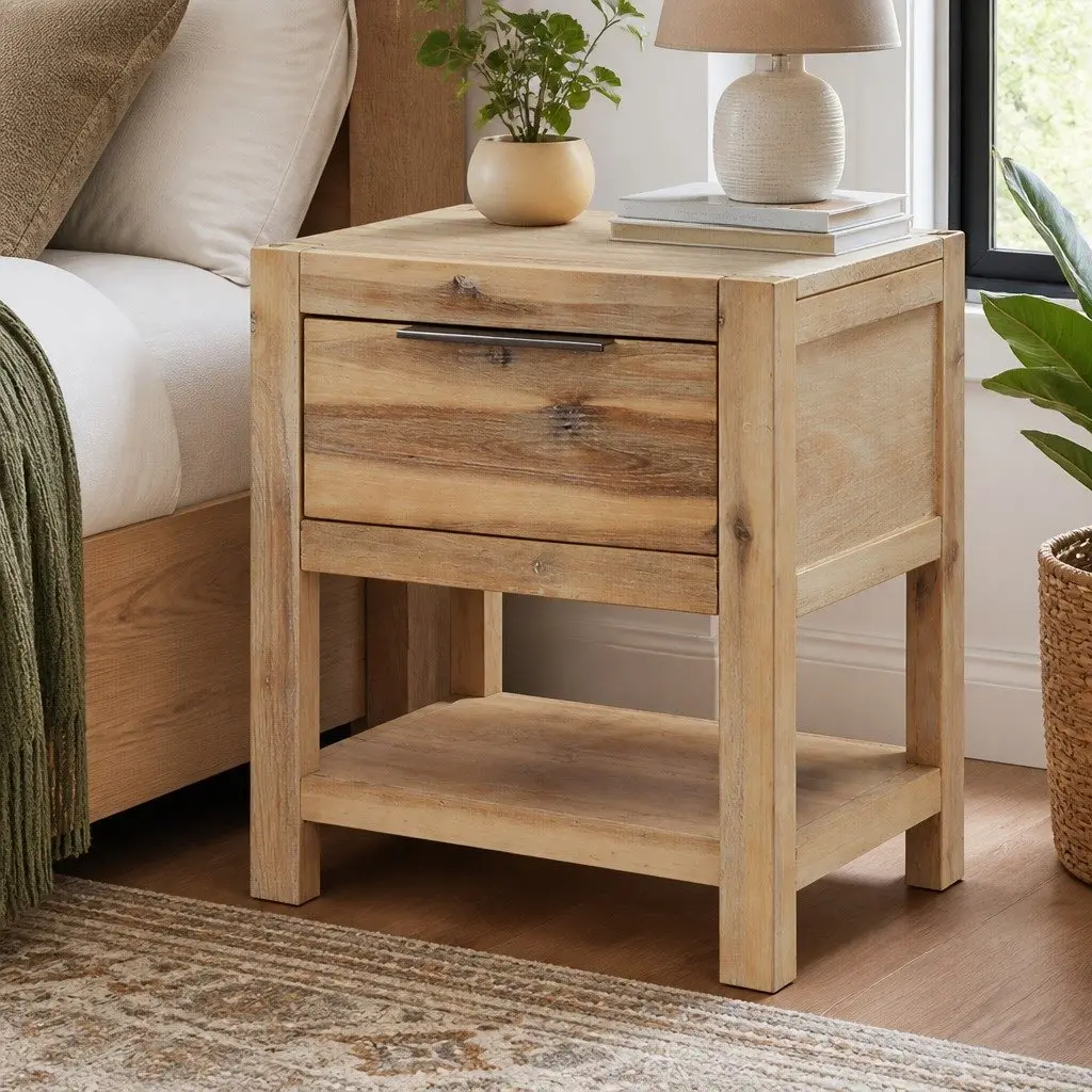 Solid Wood Brown Bedside Table Nightstand with Drawer