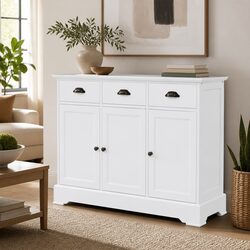 White Sideboard Storage Cabinet with 3 Doors and Drawers