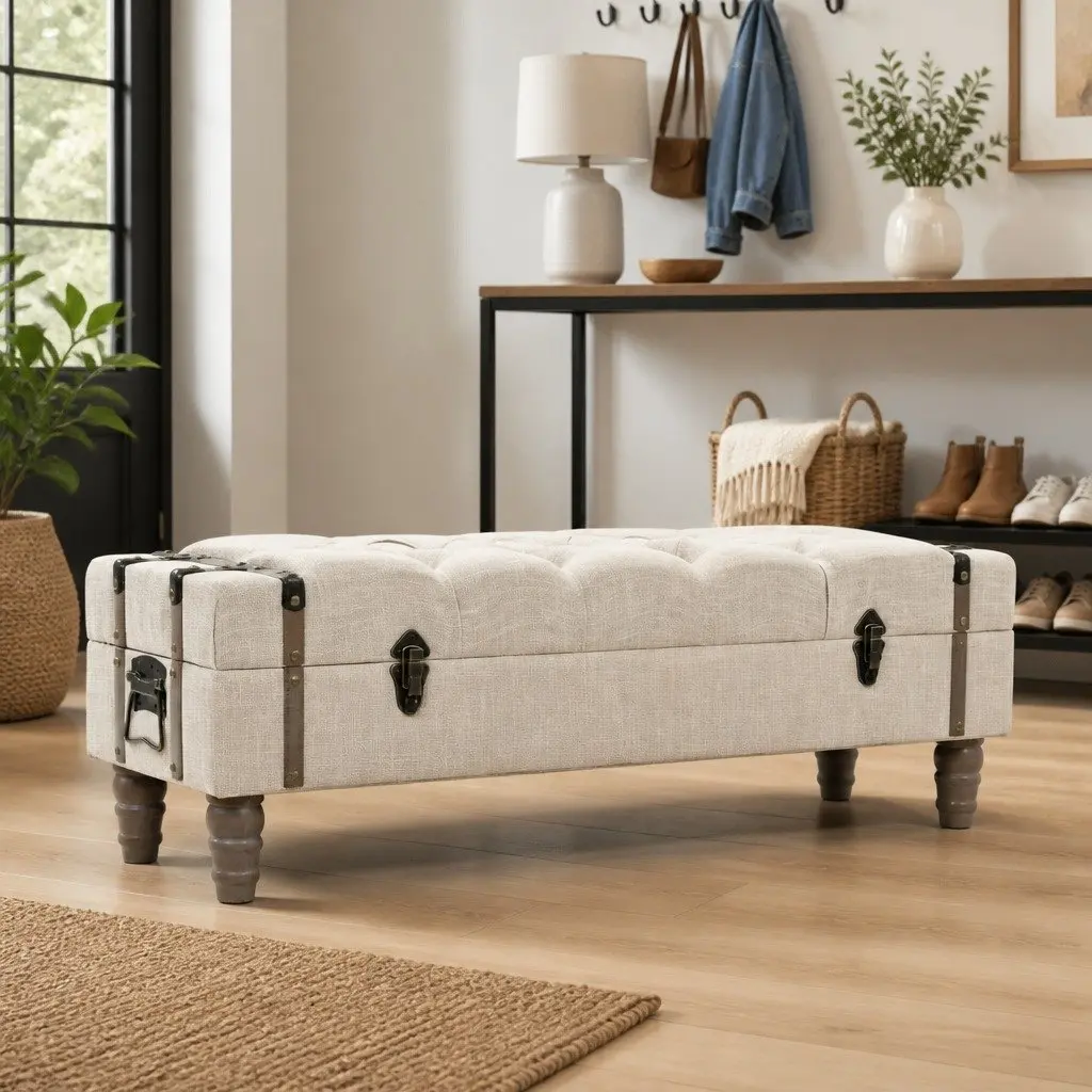 Solid Wood Storage Bench with Padded Seat and Steel Frame