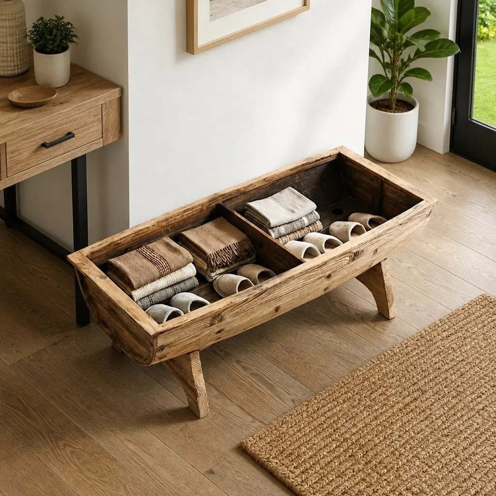 Rustic Barrel-Shaped Storage Bench in Solid Wood