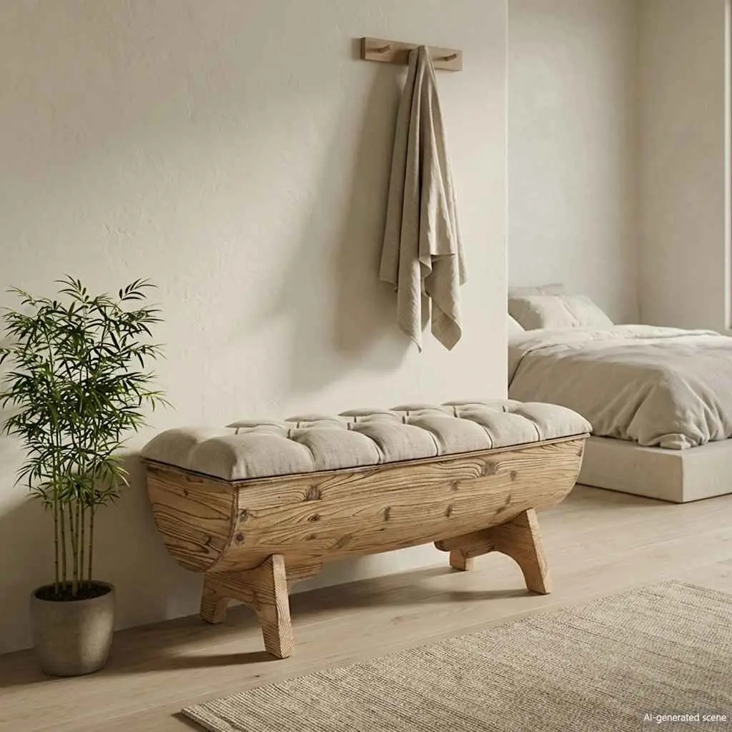 Rustic Barrel-Shaped Storage Bench in Solid Wood