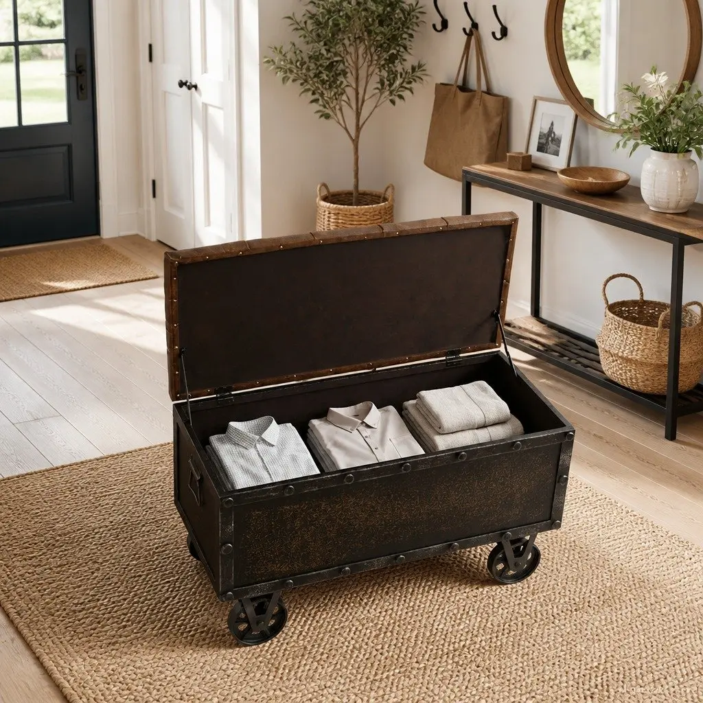 Storage Bench with Tufted Cushion and Wheels