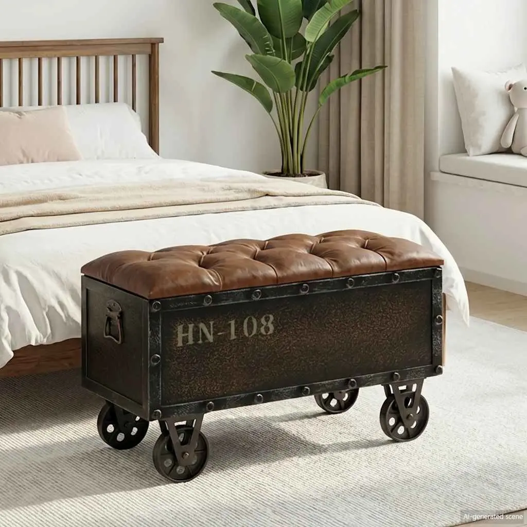 Storage Bench with Tufted Cushion and Wheels