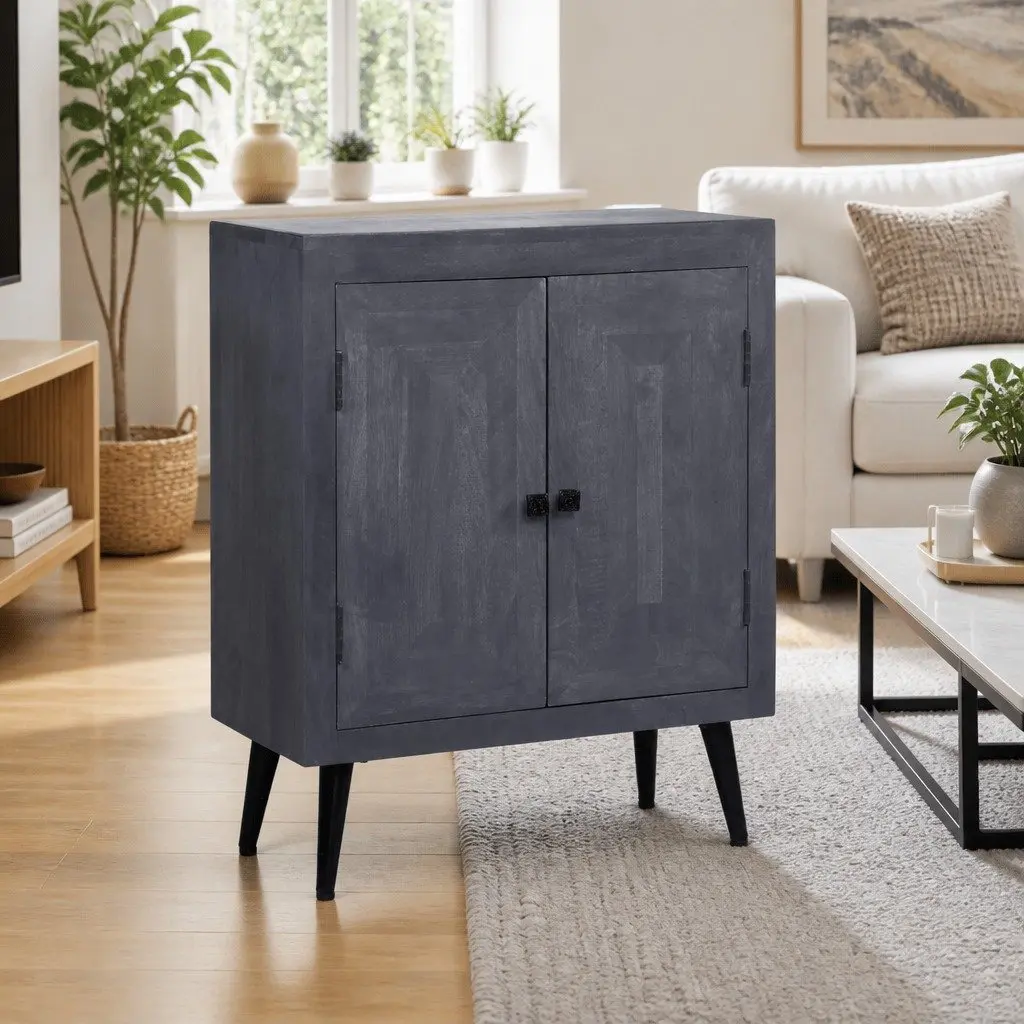 Sideboard Solid Mango Wood Grey Lacquered Steel Legs Retro Style 60 x 30 x 76 cm