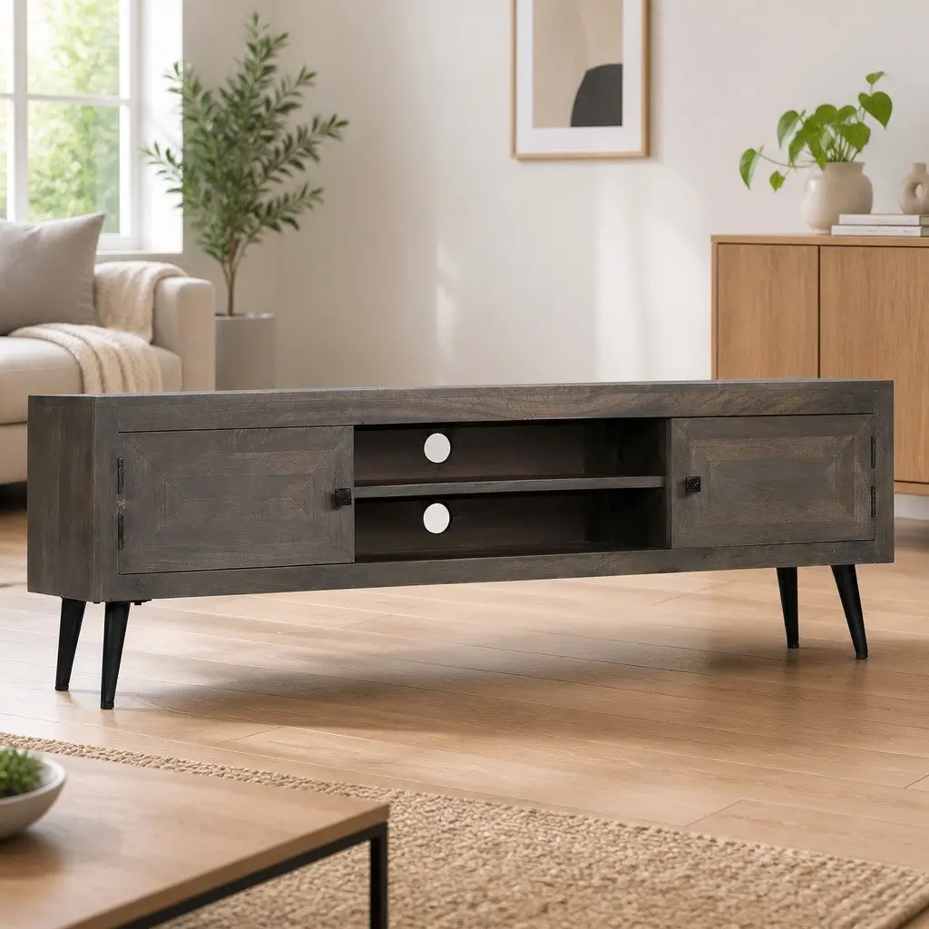 Solid Mango Wood TV Cabinet with Grey Finish