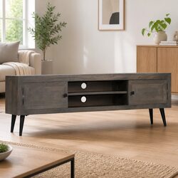 Sturdy Solid Mango Wood TV Cabinet with Grey Finish