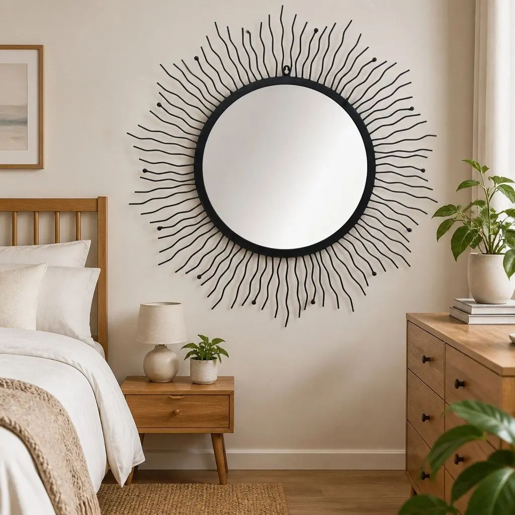 Wall Mirror Sunburst 80cm Black Round Decorative Bathroom Bedroom Home Decor