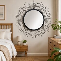 Black Round Decorative Wall Mirror 80cm Sunburst Design
