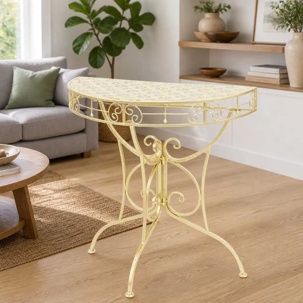 Vintage Gold Metal Half Round Accent Table