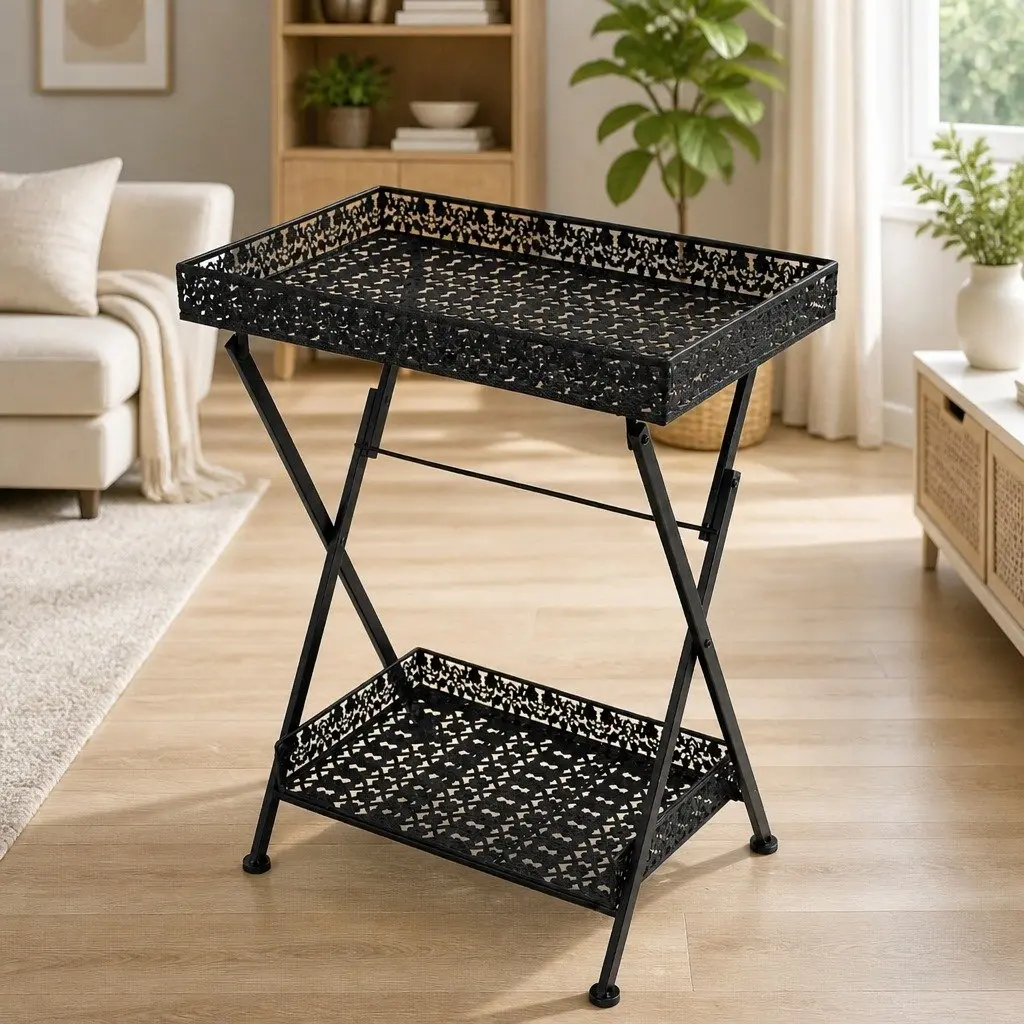 Antique Black Folding Tea Table with Storage Basket