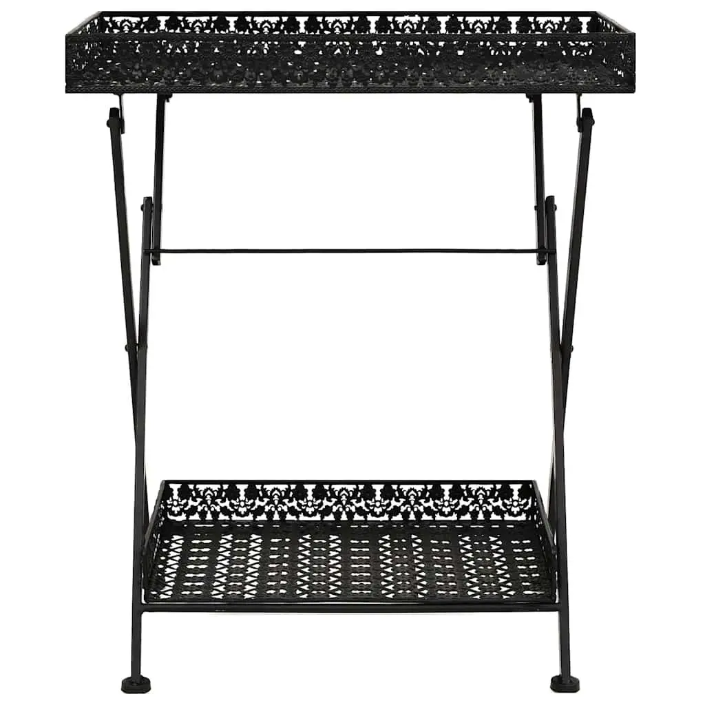 Antique Black Folding Tea Table with Storage Basket
