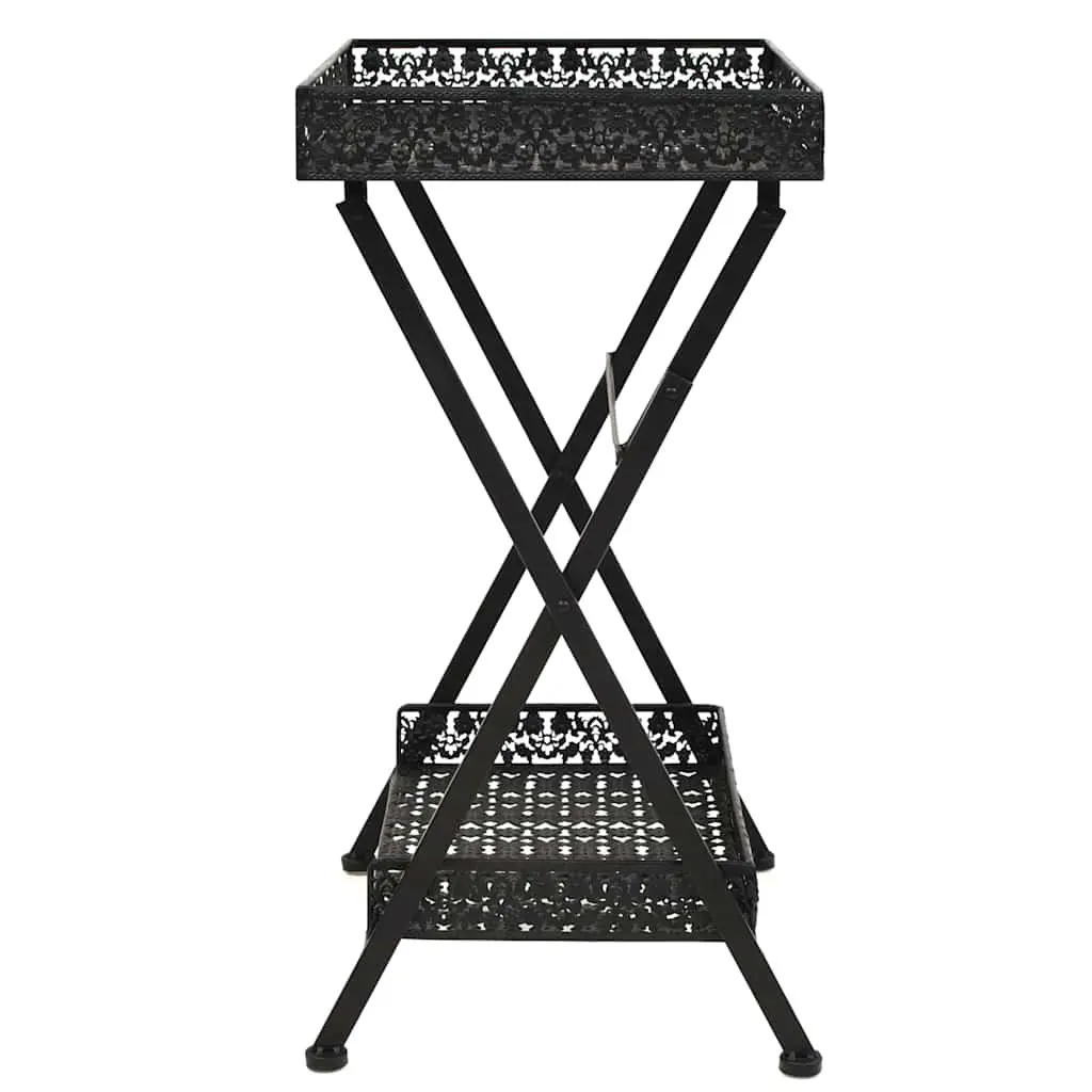 Antique Black Folding Tea Table with Storage Basket