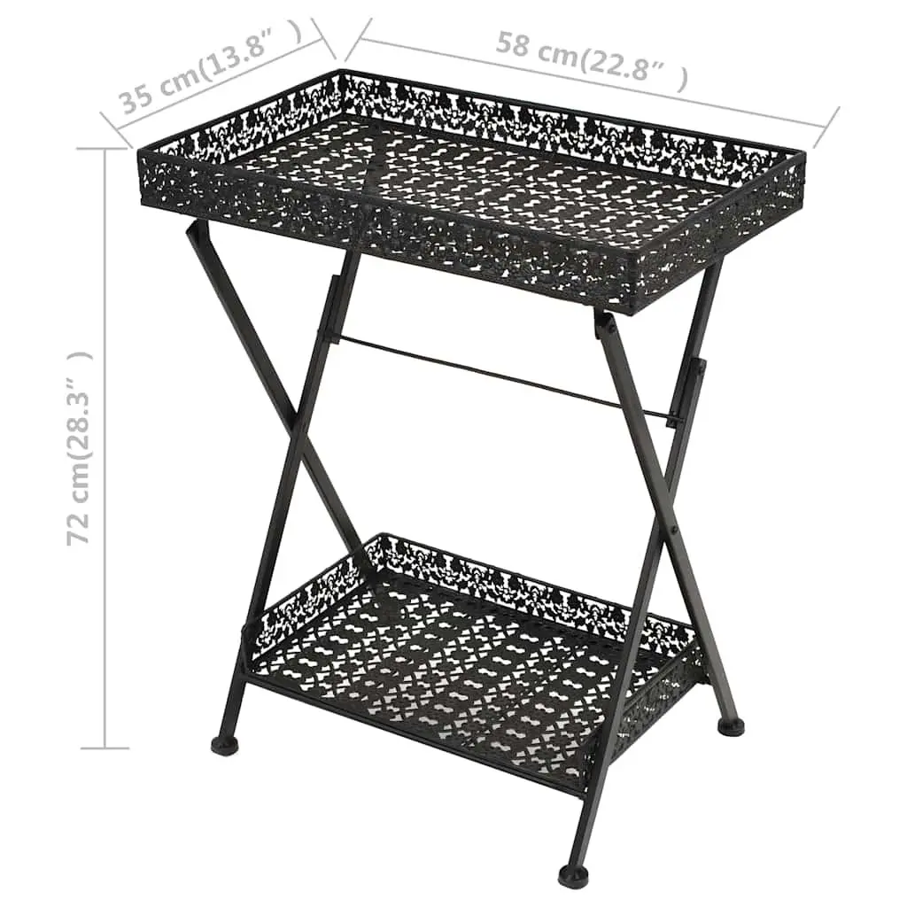 Antique Black Folding Tea Table with Storage Basket